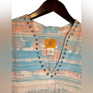 Ruby Rd Cotton multicolor watercolor-like striped tee with studded collar detail